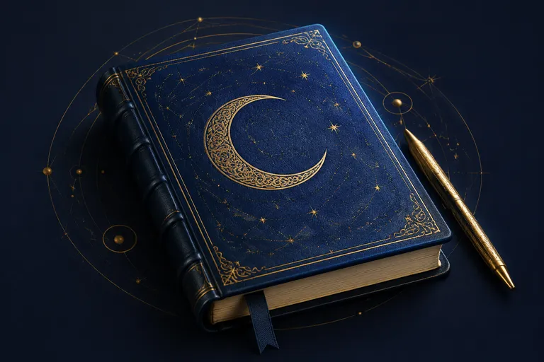Ilustración de un diario azul con Luna dorada y pluma